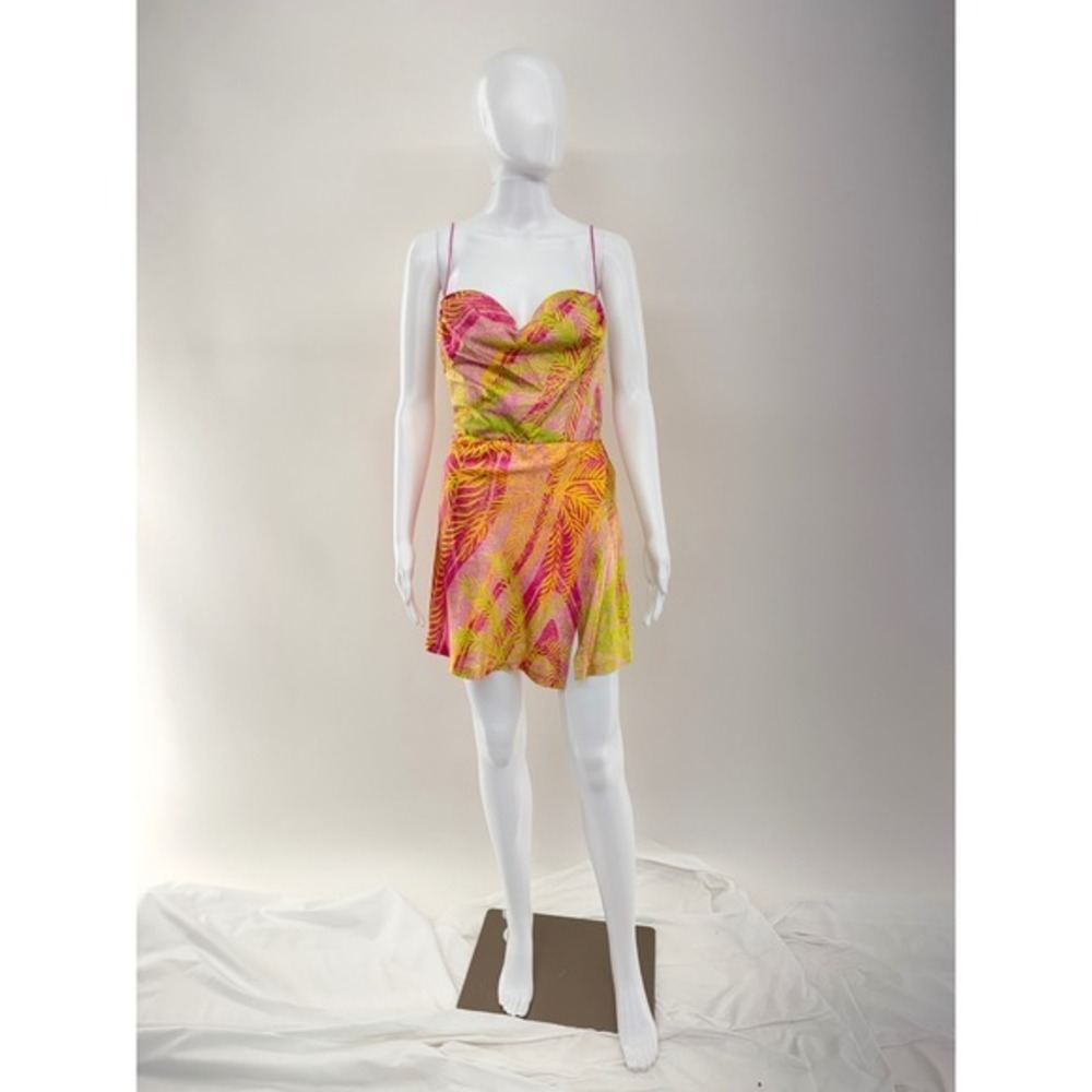 Retrofête Pink Lime Green Tropical Palm Print Cowl Neck Silk Mini Dress Small - Picture 3 of 9